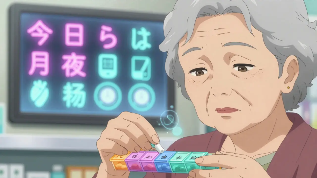 An elderly woman places her monthly meds into a pill organizer as health icons fade away in peaceful light.
