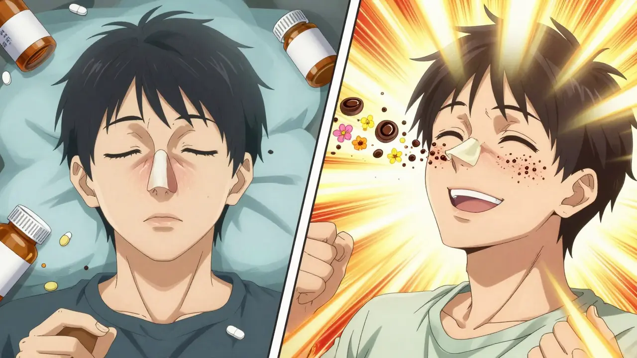 Before-and-after scene: blocked sinuses and lost smell transforming into restored scent and clear breathing.