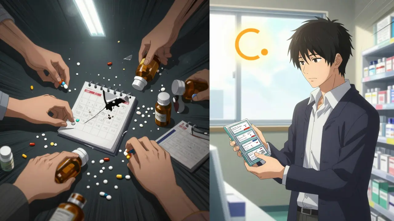 Chaotic scattered pills on one side, calm synchronized meds on the other, showing transformation in medication adherence.