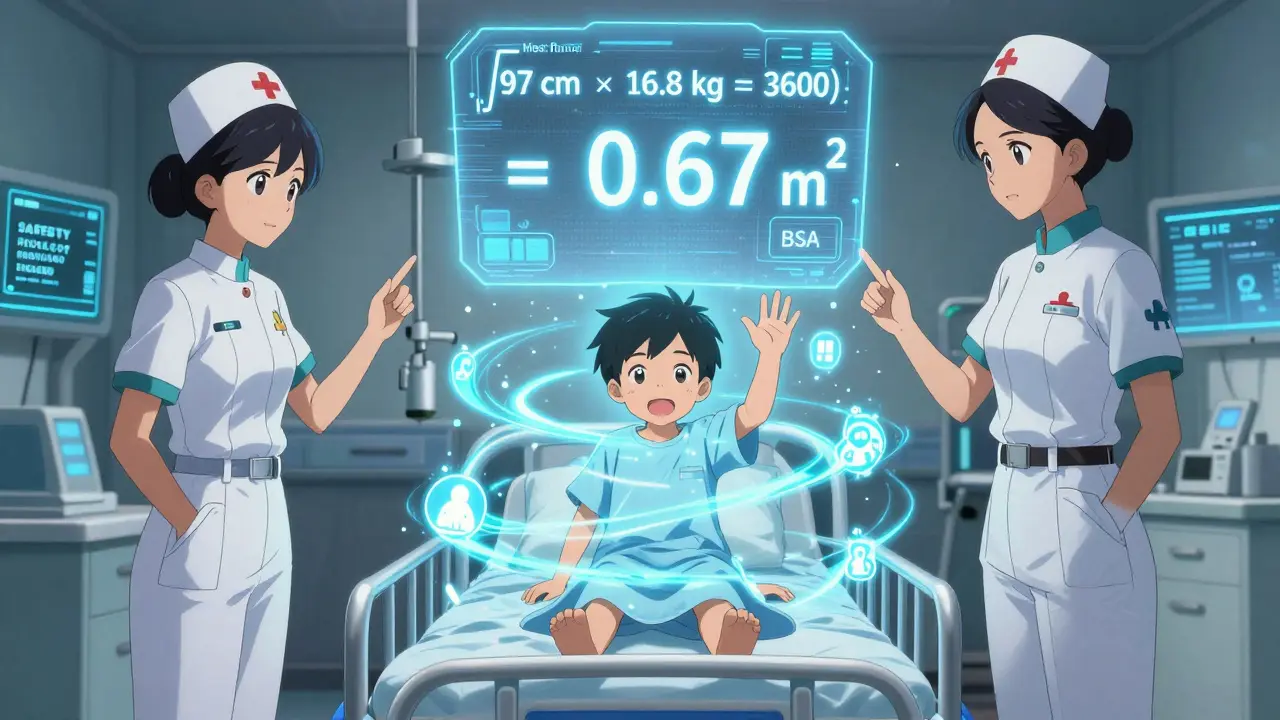 Child with holographic BSA formula floating above, nurses verifying dose in futuristic hospital.