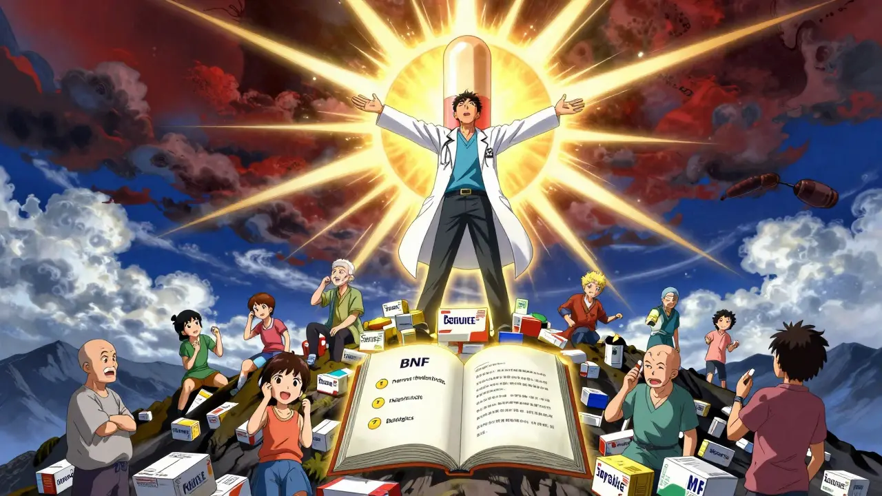 Clinician atop a pile of brand drugs as a giant generic pill rises like a sun behind them.