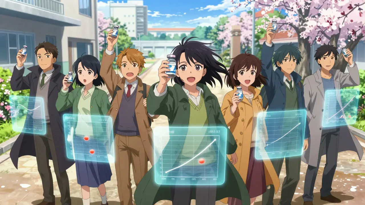 Diverse AERD patients standing together, holding treatment vials, with holographic health improvements glowing behind them.