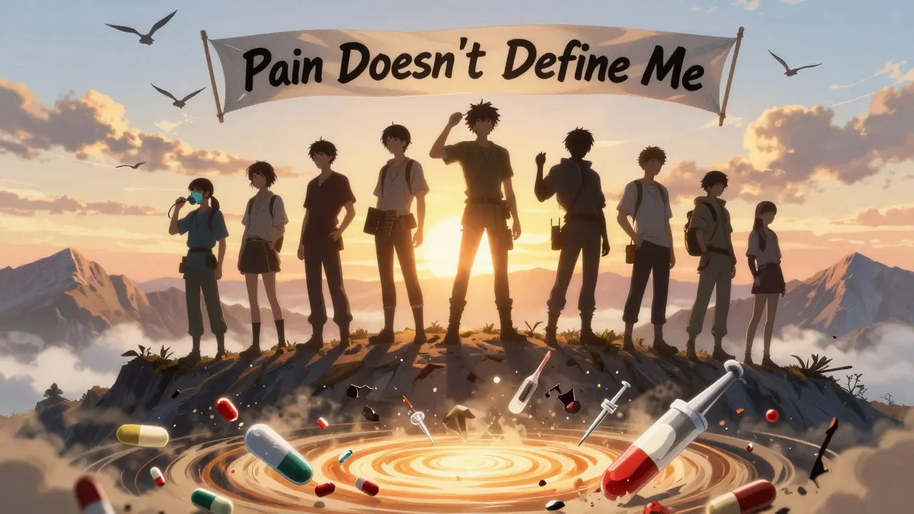 Diverse group atop a mountain, letting go of pain symbols as golden light shines, birds flying free.