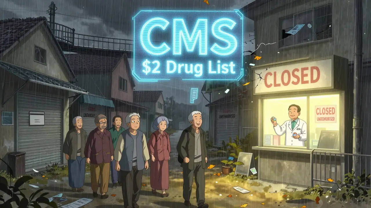 Elderly patients walking past closed pharmacies as one remains open under a glowing  Drug List hologram.