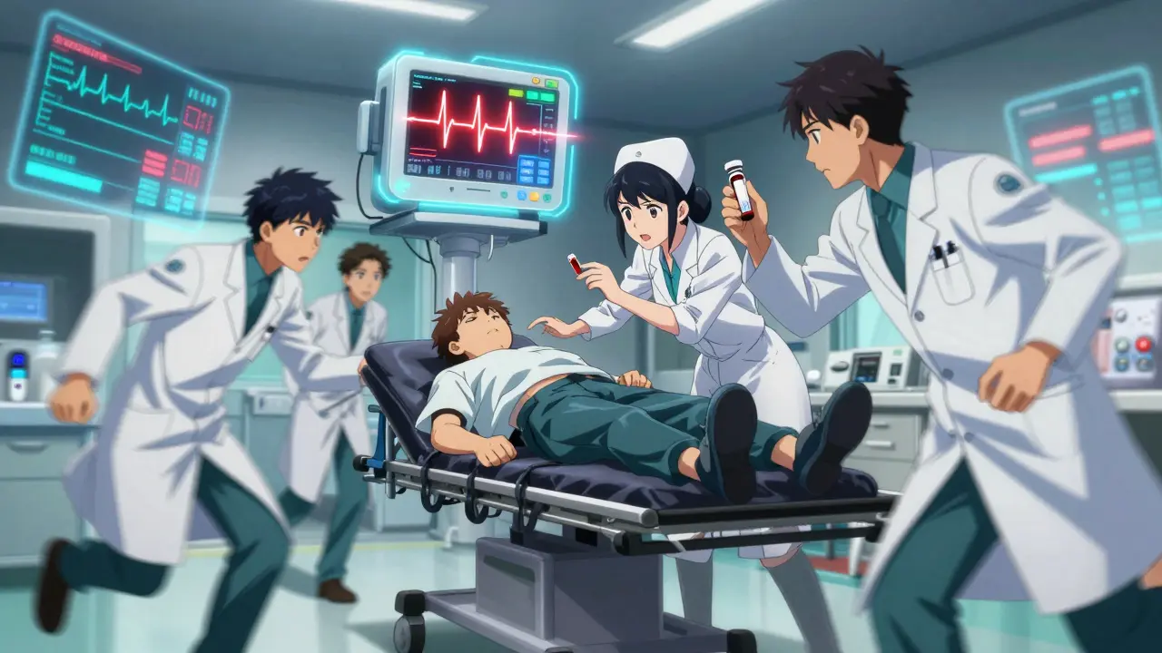 Emergency room staff rushing patient with glowing ECG and floating vital signs.