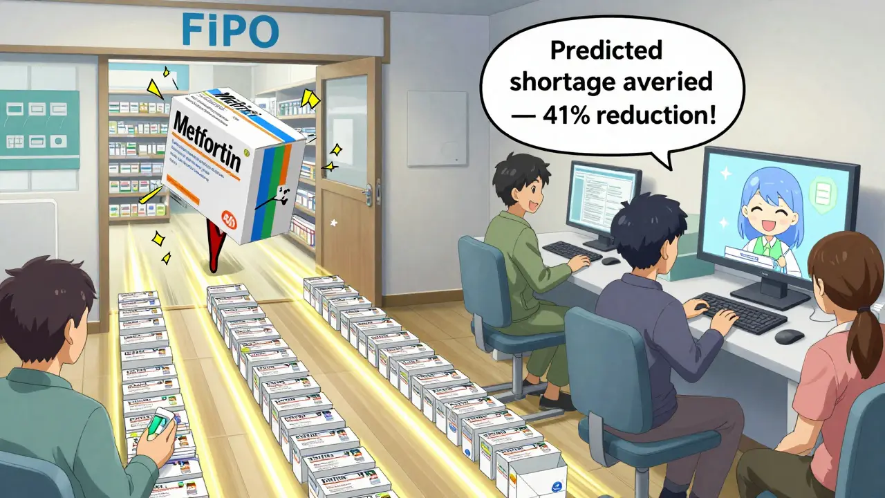 Fresh medication shipment instantly allocated to waiting patient orders with speed lines and an AI helper.