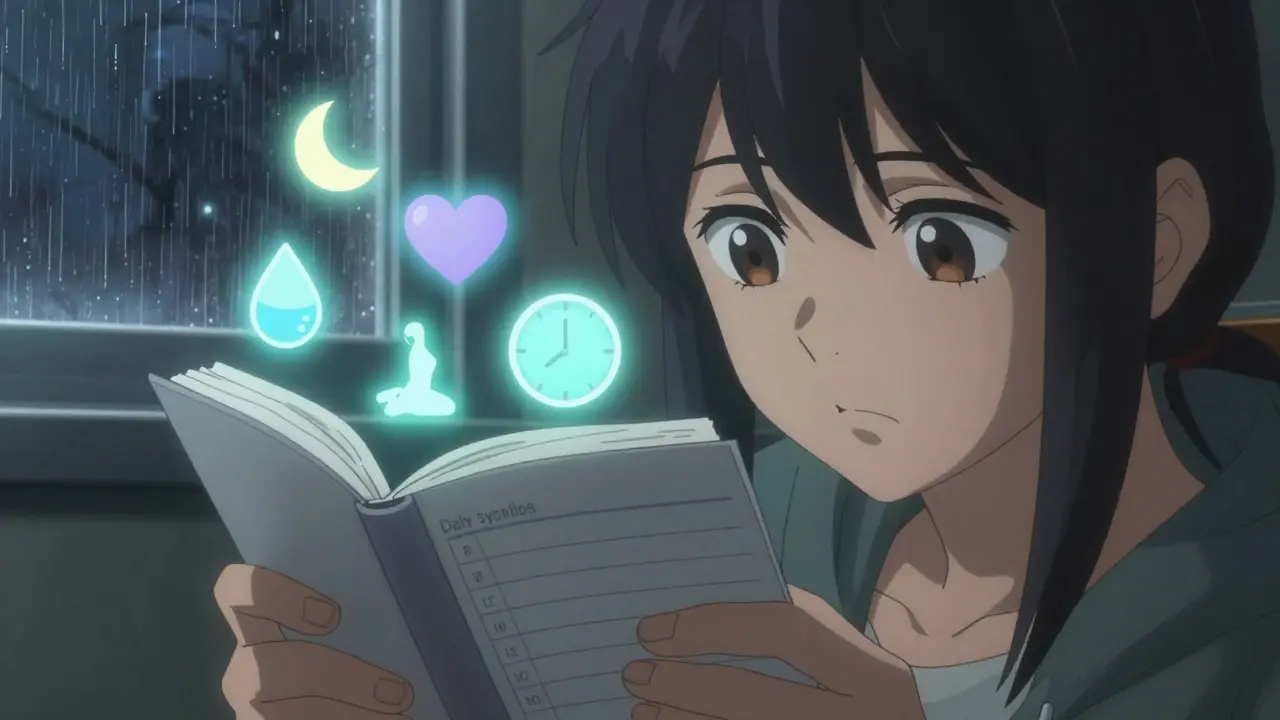 Hands holding a journal with floating icons representing sleep, pain, hydration, and pacing in a dimly lit room.