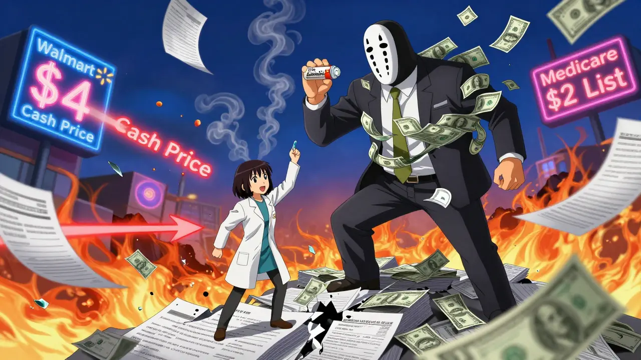 Independent pharmacist confronting a giant PBM executive made of dollar bills and legal documents.