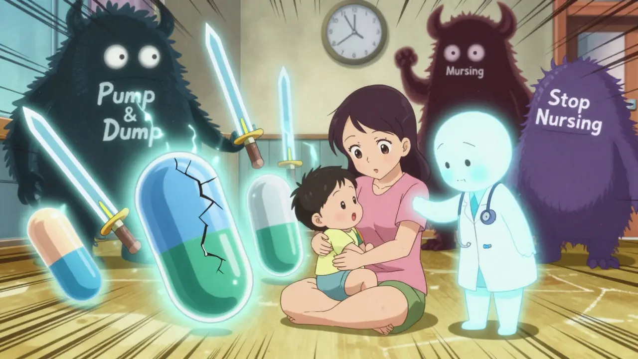 Mother and baby protected by antibiotic symbols against fear monsters