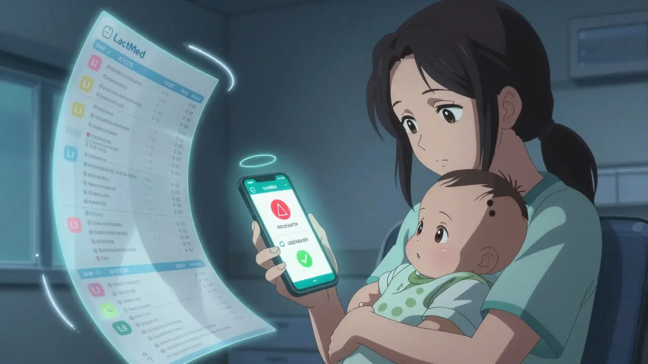 Mother viewing antibiotic safety info on smartphone app