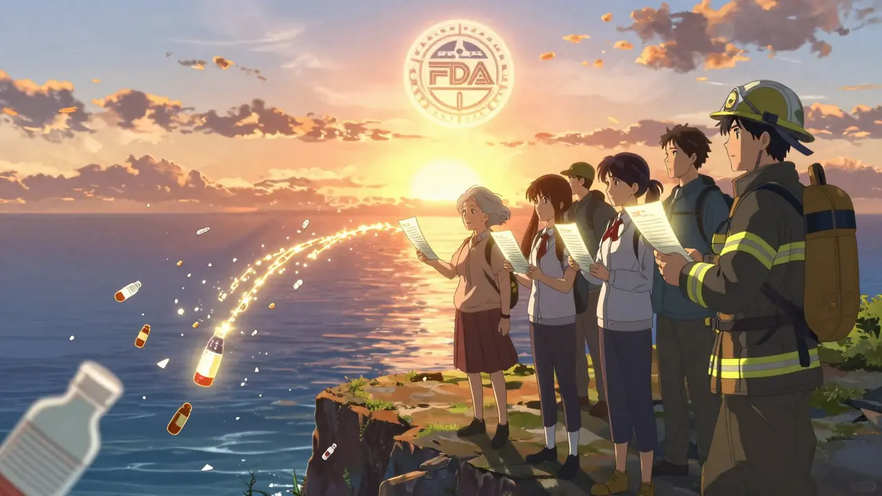 Ordinary people connect their reports into a golden chain leading to an FDA emblem in the sky.