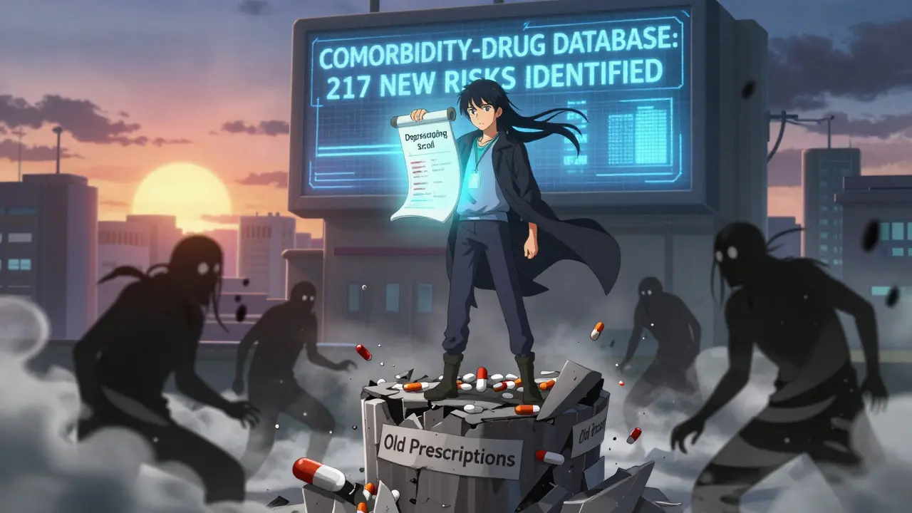 Patient holding a scroll that dissolves unnecessary pills, rising above medical chaos.