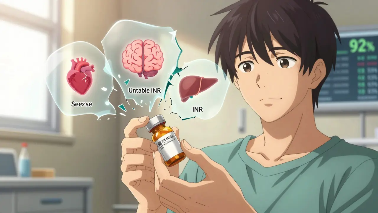 Patient receiving a generic pill with dangerous drug effects shattering in the background.