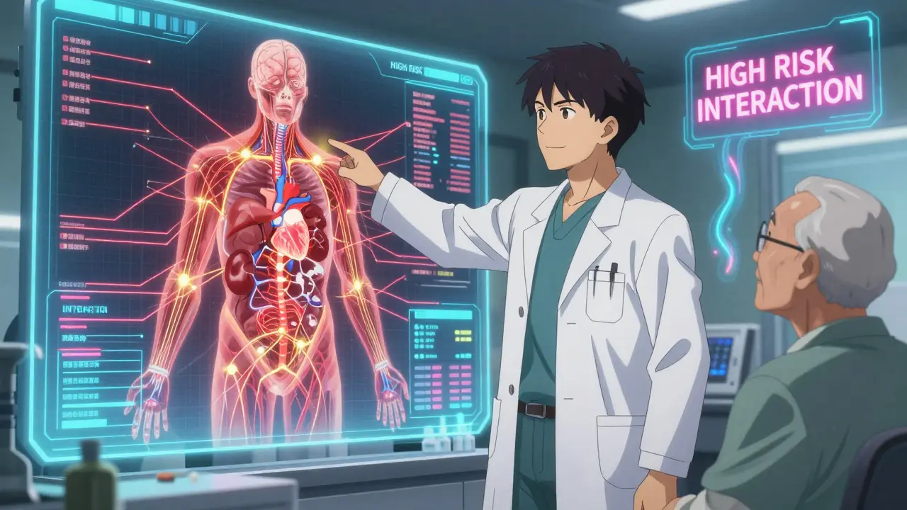 Pharmacist analyzing a digital web of drug interactions over a patient's body.