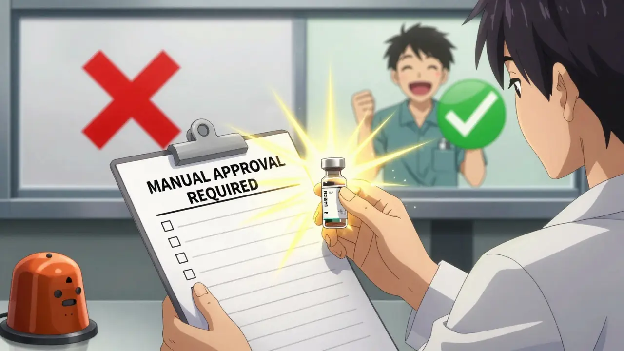 Pharmacist reviewing a high-risk medication order with a glowing checklist and dual-path visual indicators.