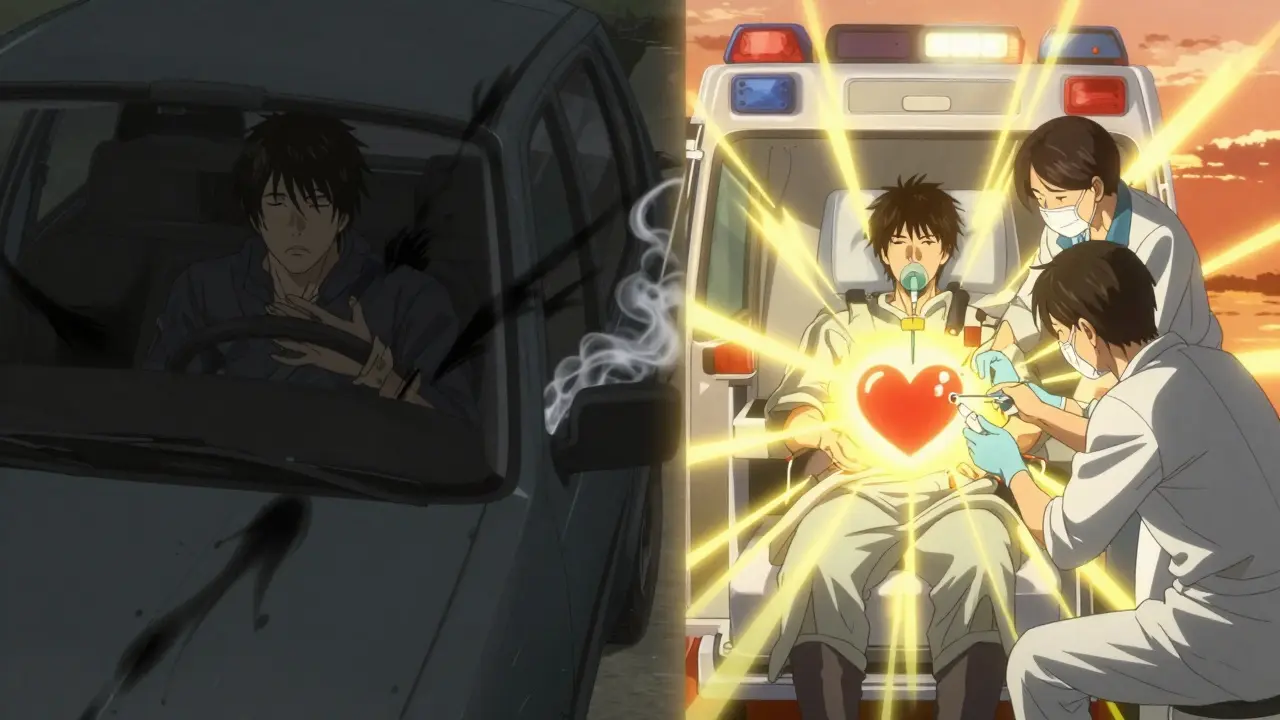 Split scene: man driving in danger vs. safe in ambulance with glowing heart symbol.