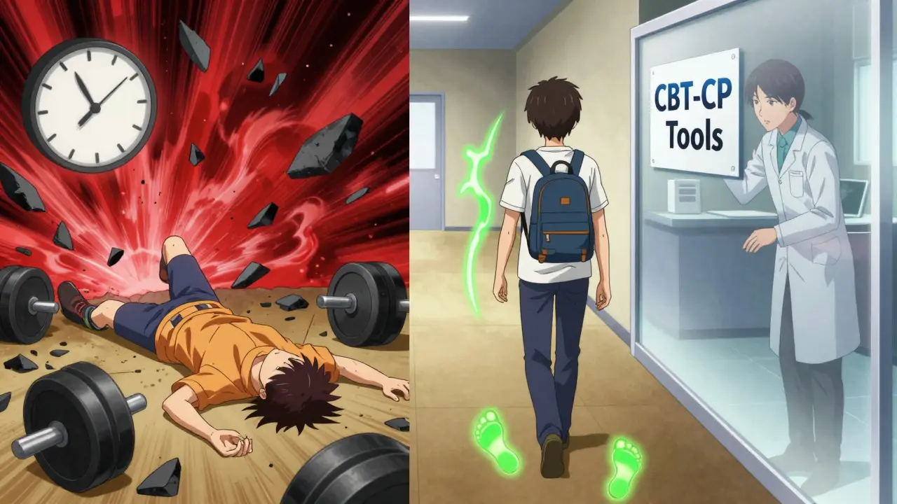 Split scene: person collapsing from overexertion vs. walking steadily with glowing footsteps and therapist support.