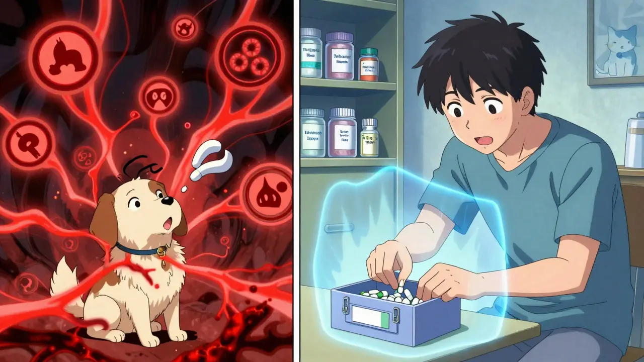 Split scene: poisoning danger vs. safe storage with labeled meds and protective energy.