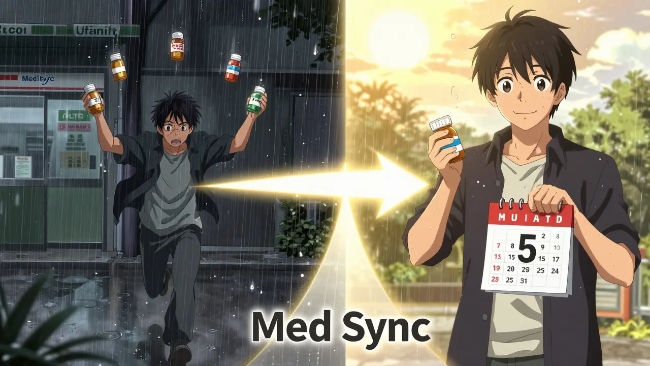 Split scene: stressed person running to multiple pharmacies vs. calm person holding one bag with synced meds under sunlight.