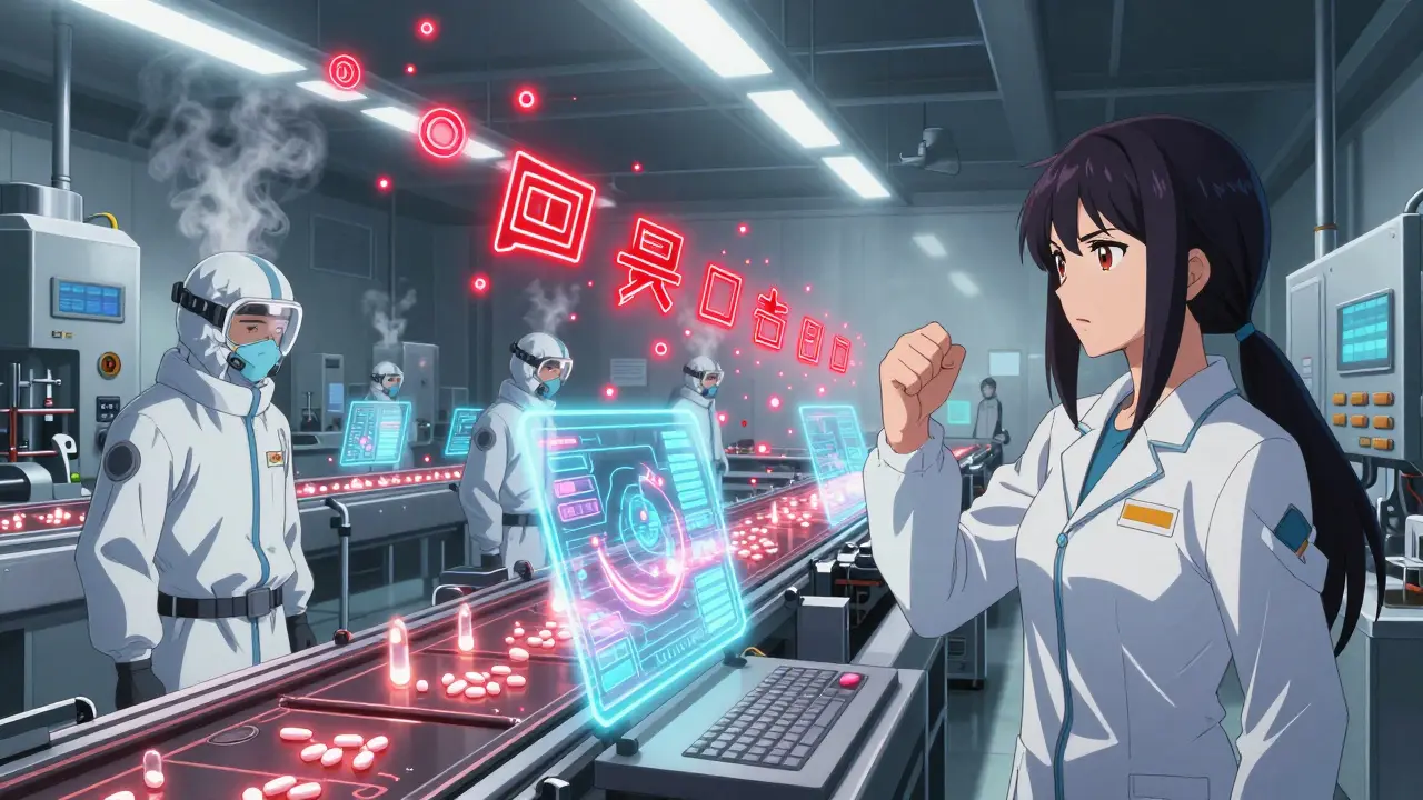 Workers in a high-tech cleanroom confronting a contamination crisis with glowing AI warnings.