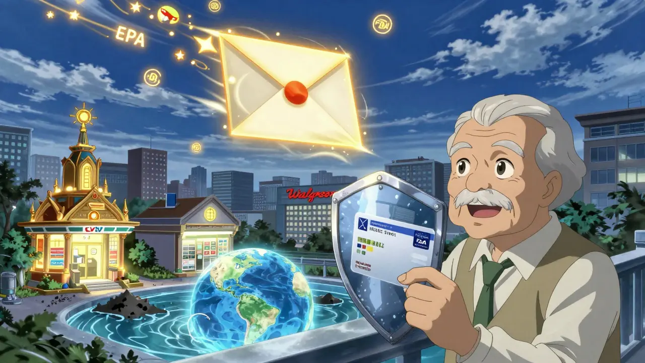 A glowing mail-back envelope flies to a pharmacy as an elderly person smiles with a Medicare shield.