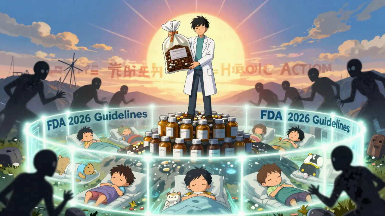 A pharmacist stands atop discarded bottles, protecting children with a barrier of safe disposal guidelines.