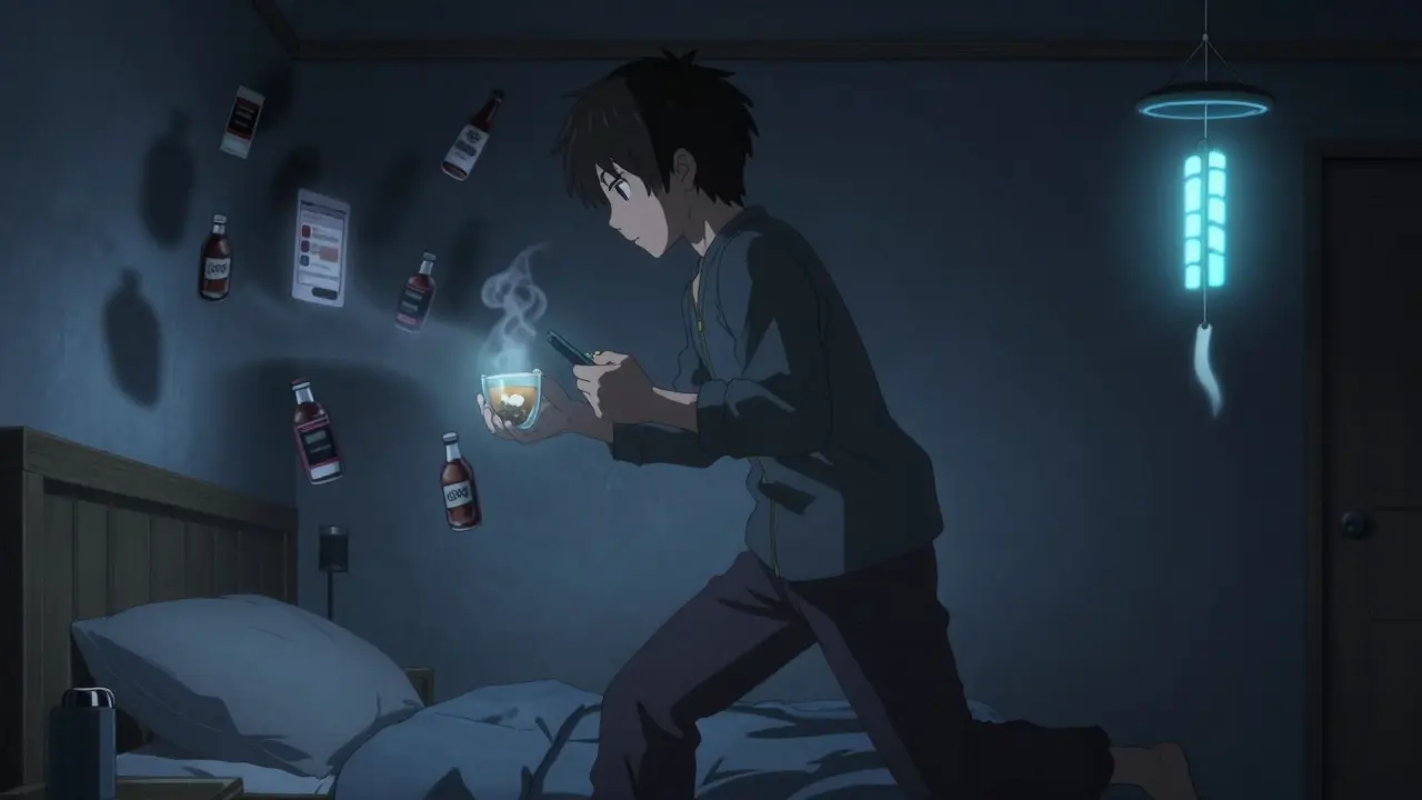 A young adult closes their phone while holding tea, surrounded by fading digital distractions and cool blue ambient light.