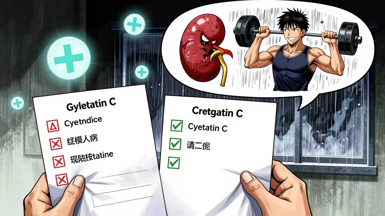 Doctor comparing two lab reports — one with red flags, one with green checks — patient’s thought bubble shows fear vs calm.