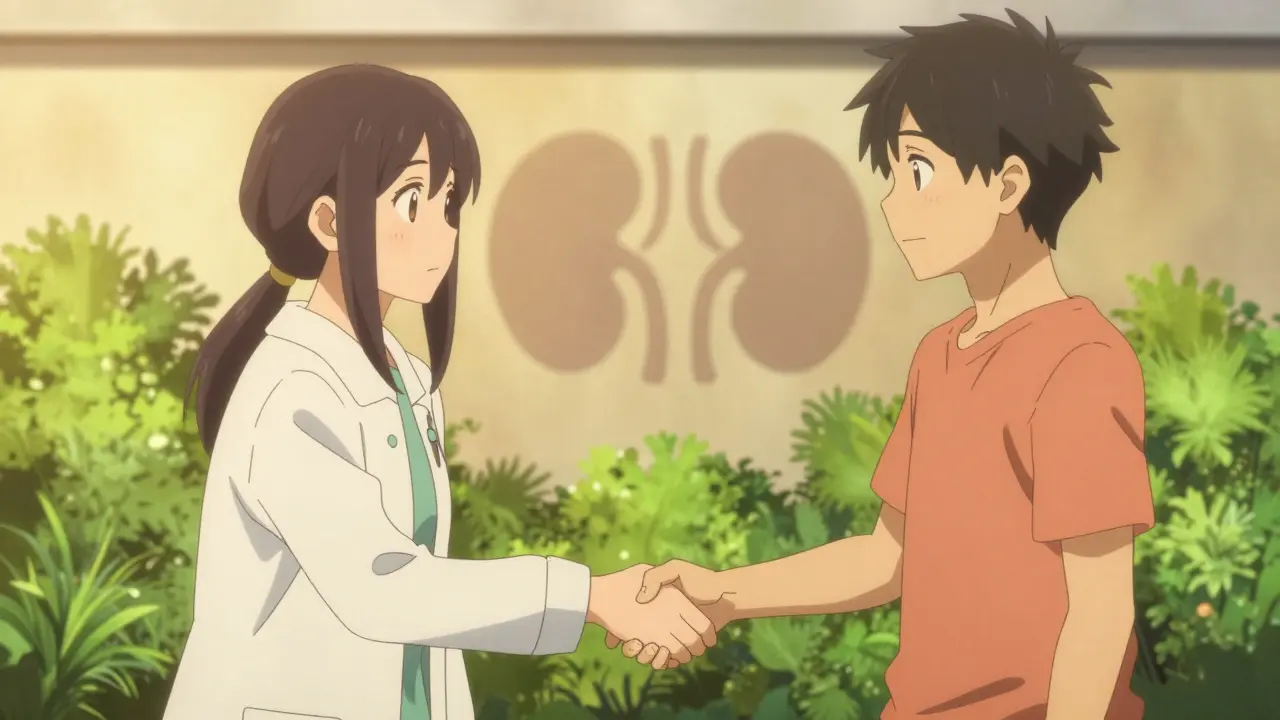 Donor and recipient shaking hands in hospital garden