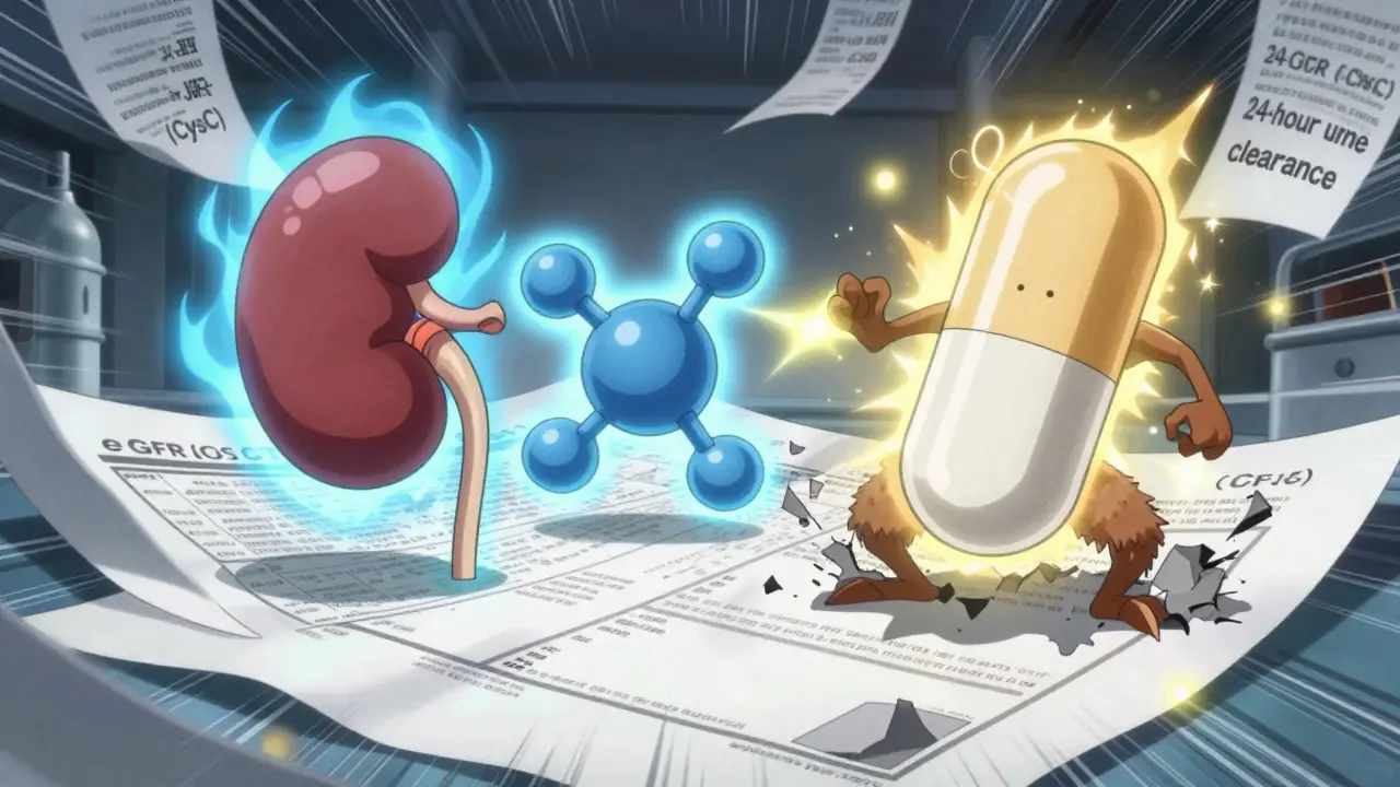 Glowing medical symbols in battle on lab report, cystatin C defeating misleading creatinine readings.