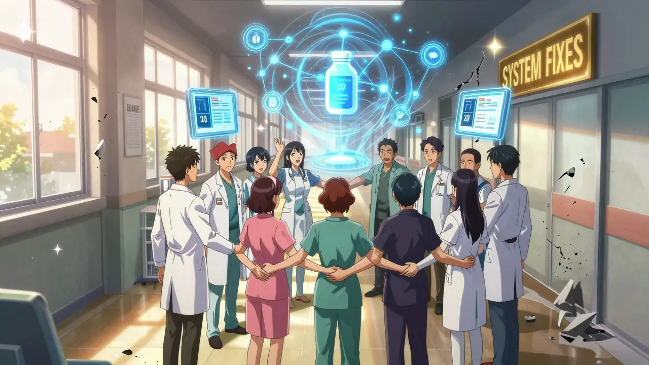 Healthcare team united as AI and barcode systems protect patients from medication errors.