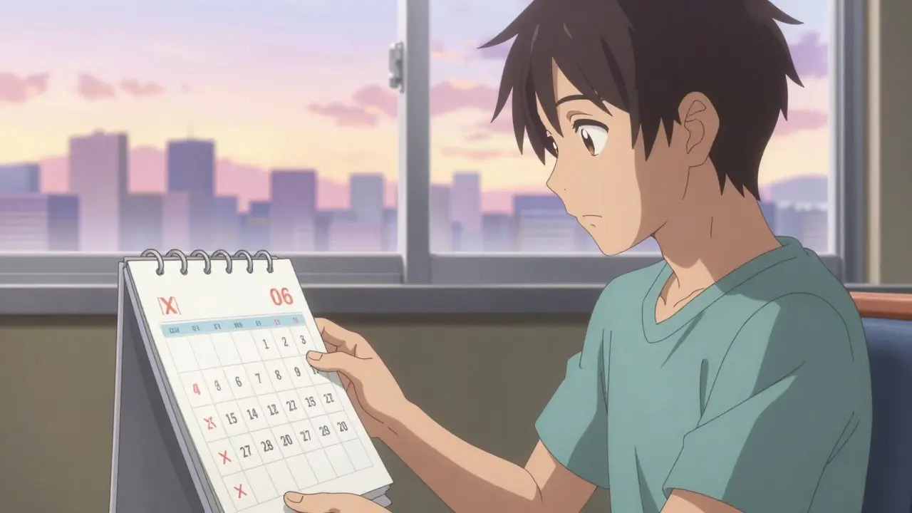 Patient waiting in hospital room with calendar marking days