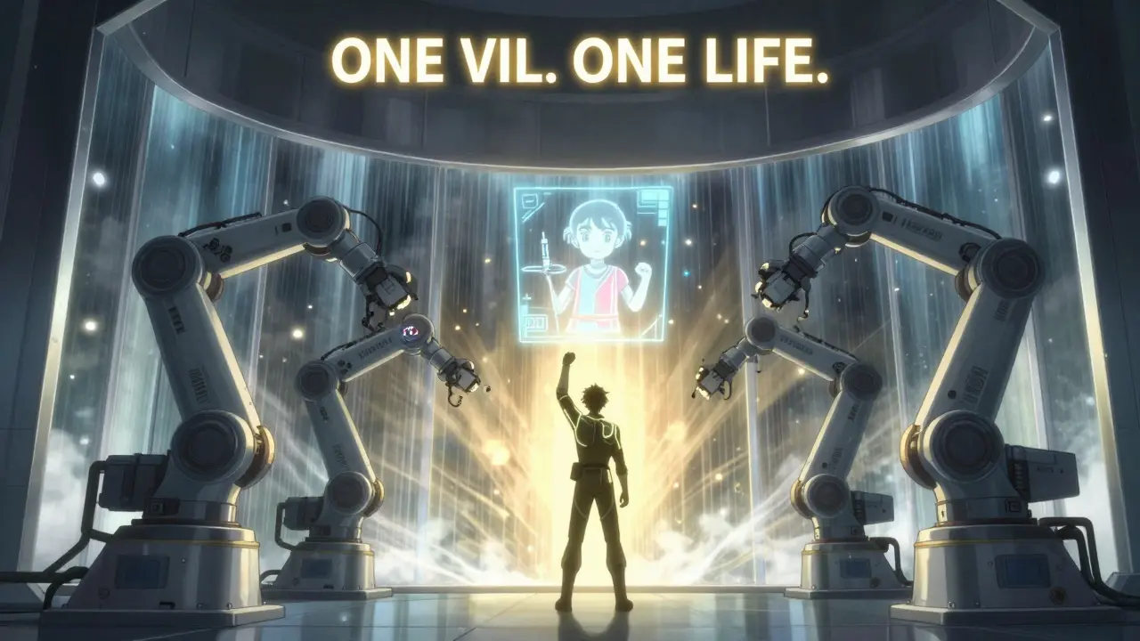 Robotic arms work inside a sealed isolator as a hologram of a child receives an injection, symbolizing life protected by technology.