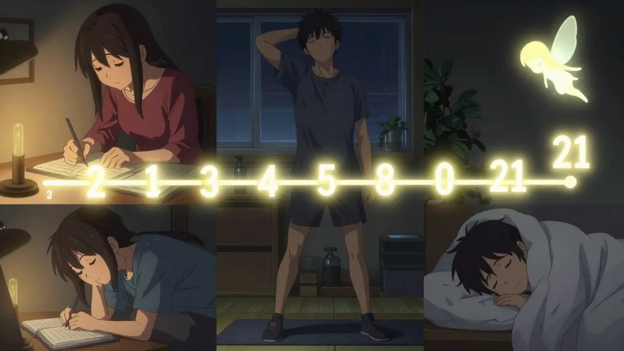 Three people practice sleep hygiene at night, with a glowing timeline showing improvement over 21 days as a sleep fairy hovers above.