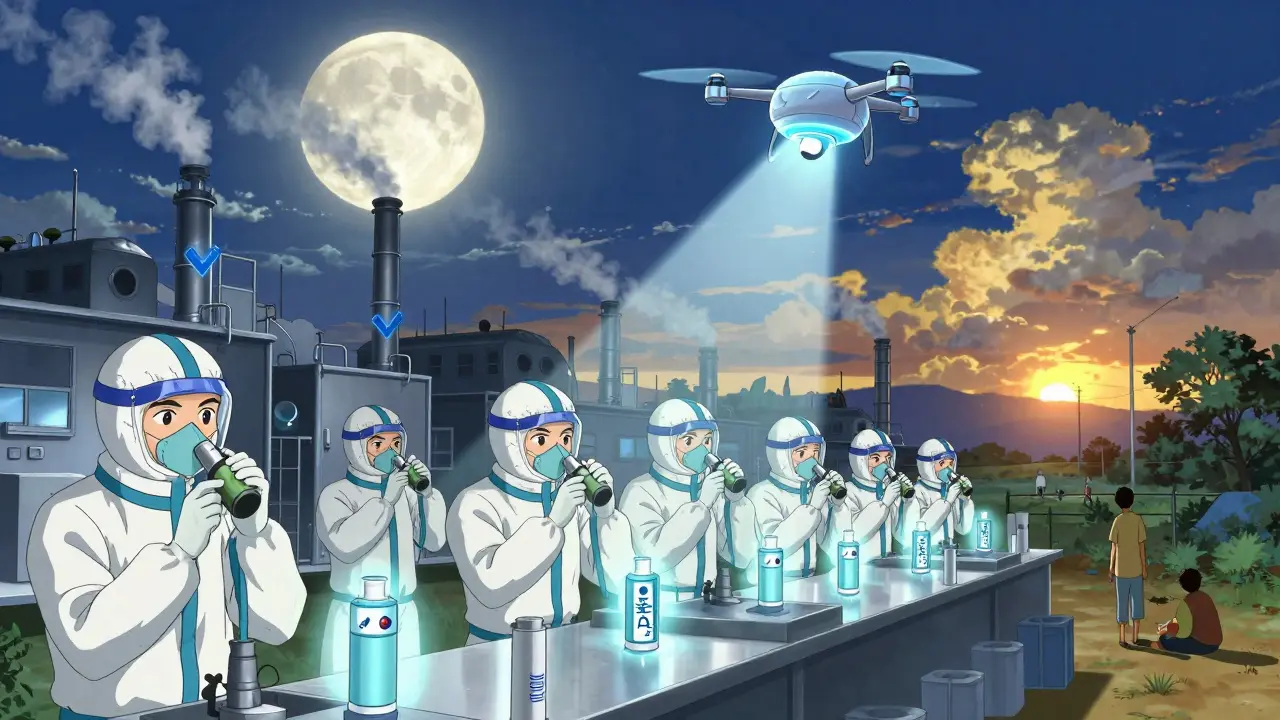 Workers in a generic drug factory produce inhalers under moonlight, monitored by an FDA drone.