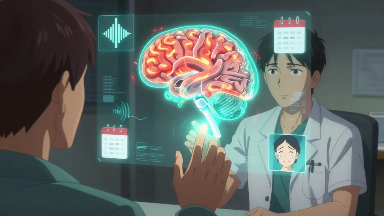 A holographic brain scan showing neural calming from fiery red to teal as sound therapy reprograms auditory processing.