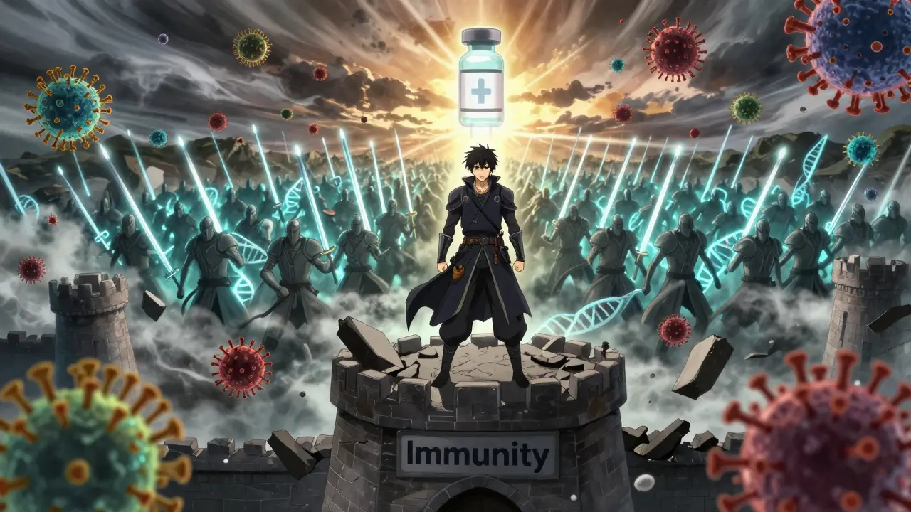 A lone warrior battles swirling coronaviruses and fungi atop a crumbling immunity fortress, as a T-cell therapy army charges in with DNA swords at dawn.