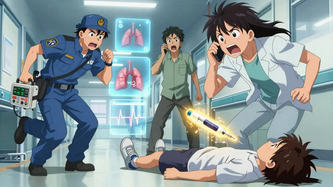A medical emergency in a hallway with an epinephrine injector glowing above a patient's thigh while emergency icons float around them.