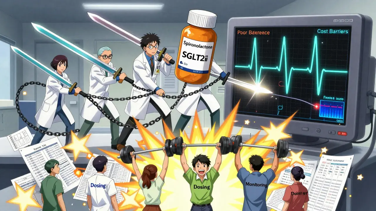 A medical team defeats barriers with pill-shaped swords as patients improve their heart function.