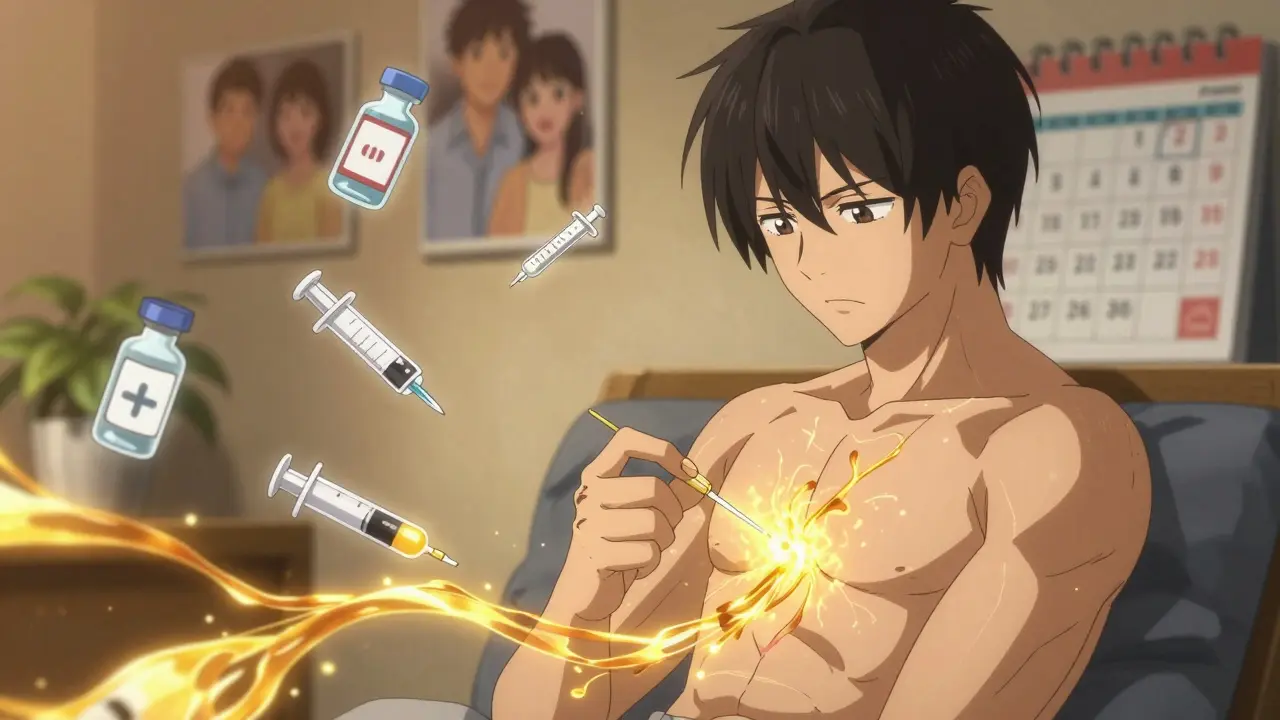 A patient giving themselves immunoglobulin infusion at home, with glowing antibody streams entering their body.