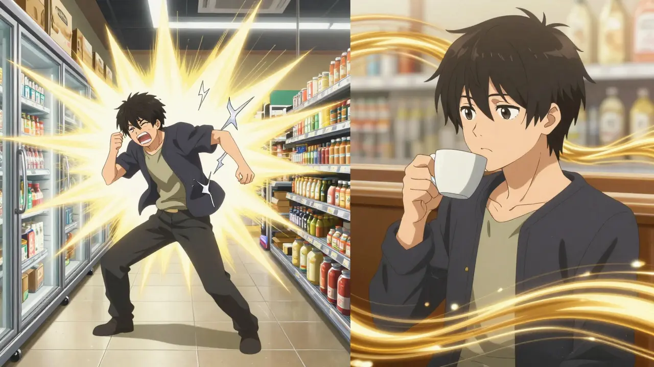 A person transformed from panic in a grocery store to calmness, with chaotic sounds replaced by gentle golden ripples.