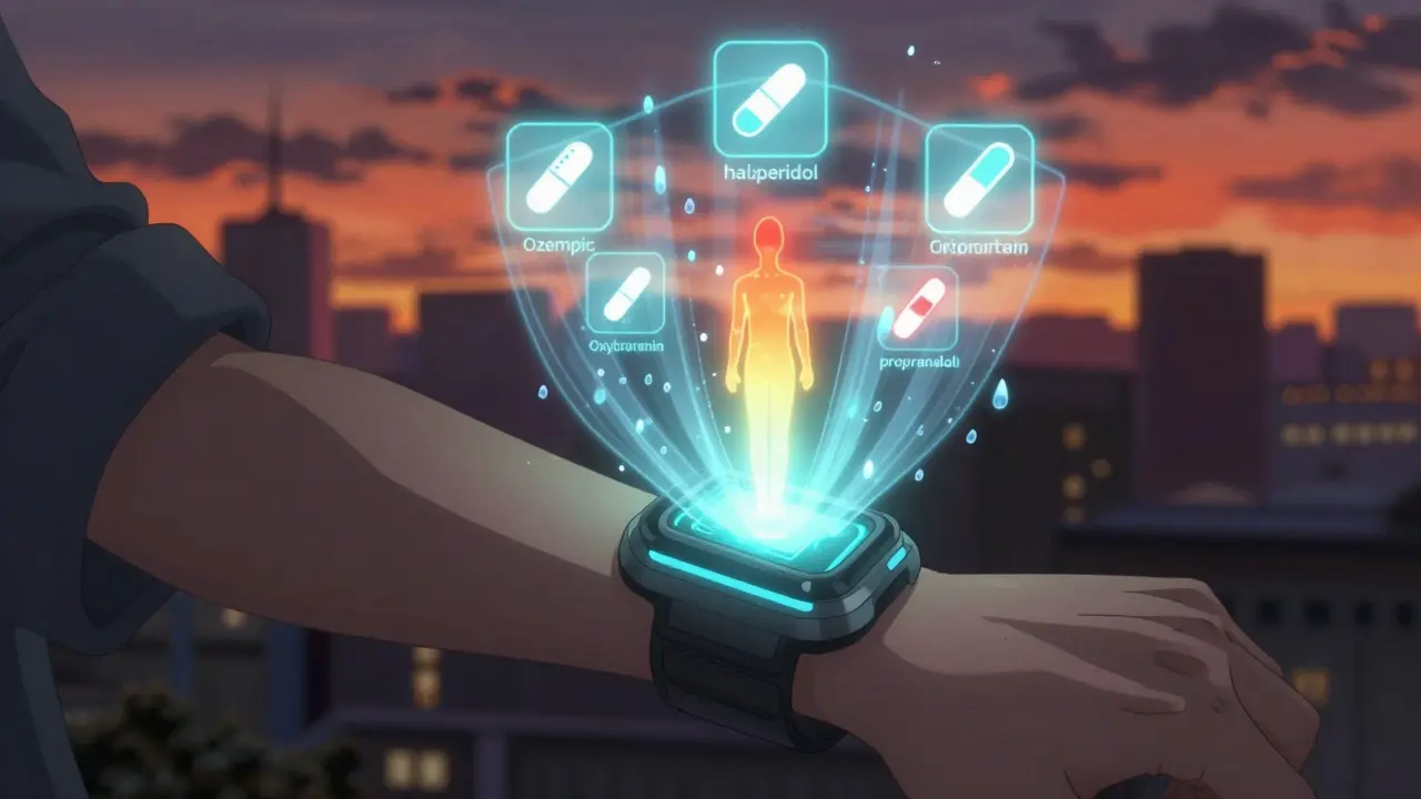 A person wearing a glowing wearable device projecting a heatmap, surrounded by medication icons being countered by water and wind.