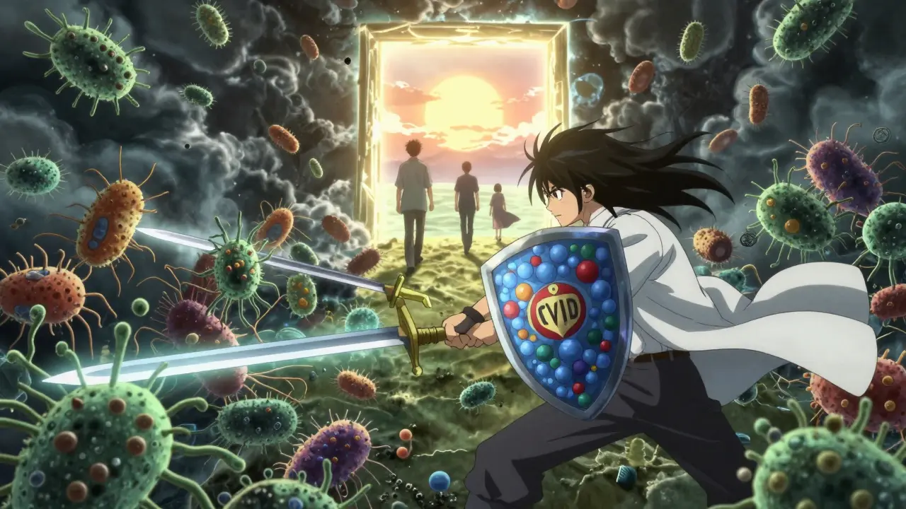 A warrior battling bacterial monsters using an IgG shield, with a hopeful future portal in the background.