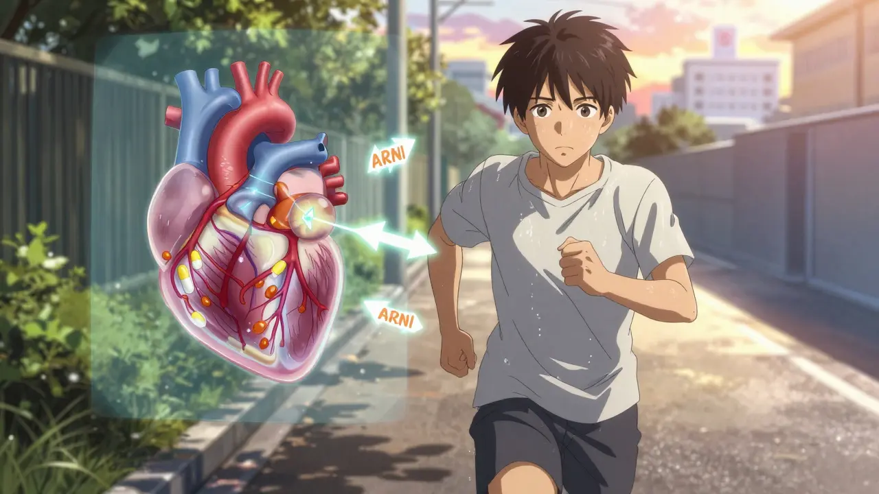 A young patient jogs as transparent drug molecules repair their heart in real time.