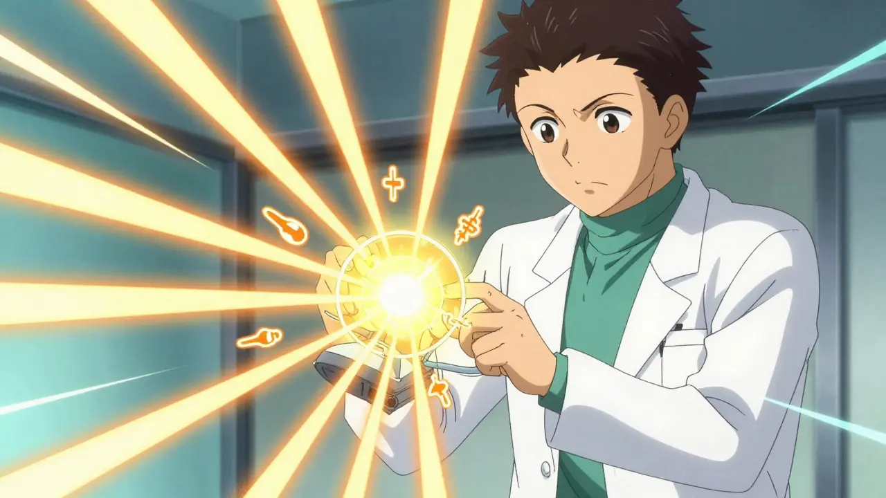 Anime doctor analyzing abstract medical energy waves