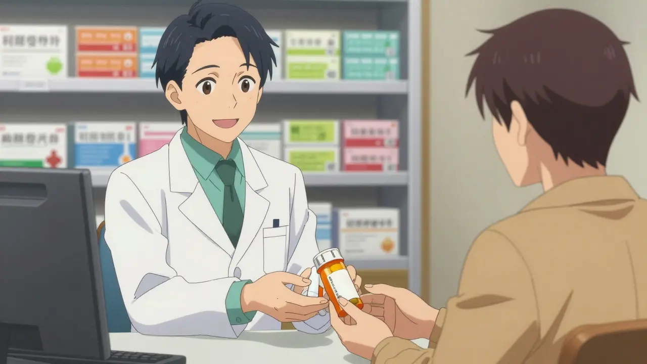 Anime pharmacist handing a pill bottle to a smiling patient