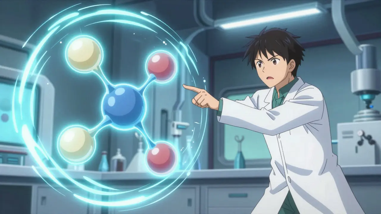 Anime scientist analyzing glowing molecular structures in a lab