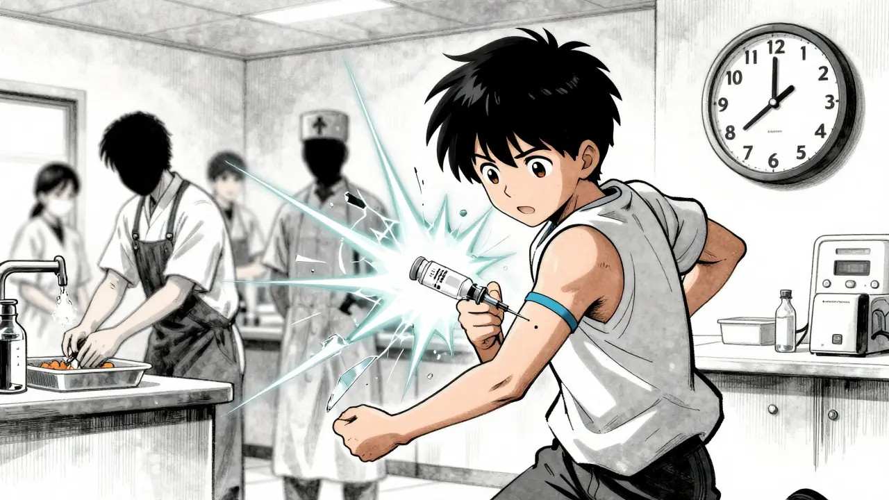 Customer receiving hepatitis A vaccine as a 14-day clock shatters in the background.