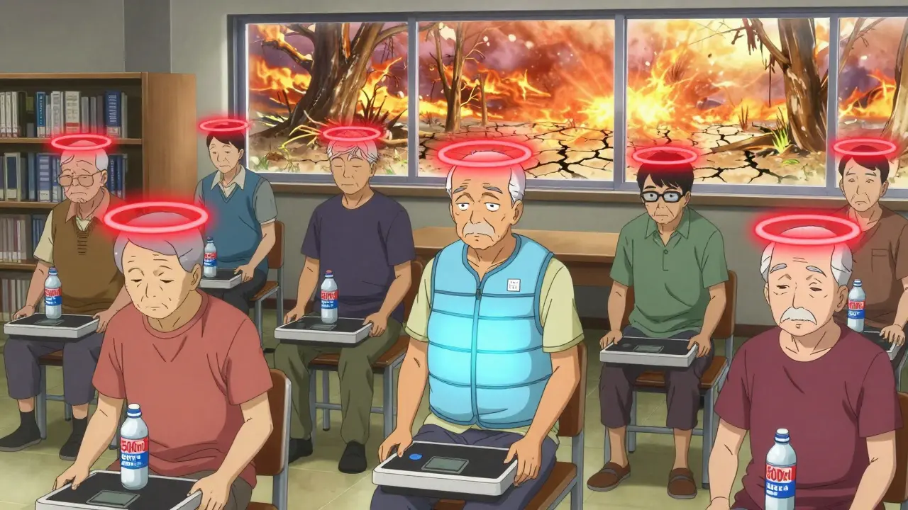 Elderly patients in a cool library, each with medication warning halos, holding cooling vests and water bottles, heat outside.