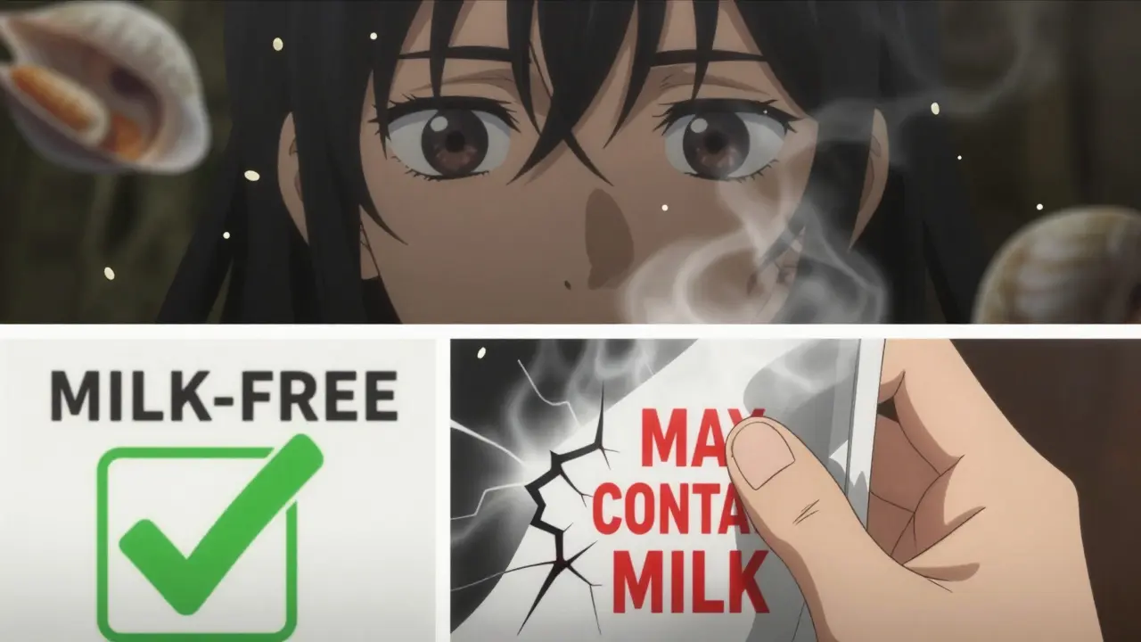 Food label showing 'milk-free' beside hidden 'may contain milk' warning with glowing red text.